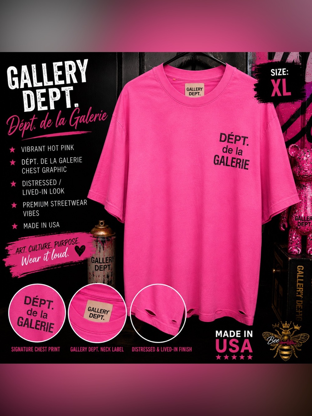 Gallery Depart. Hot Pink Distressed Dept. de la Galerie T-Shirt Made in USA NWOT